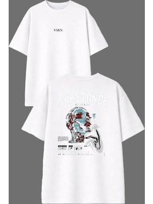 Vsrn Subs Tan Tasarım Ön Arka Baskılı Beyaz Oversize T Shirt