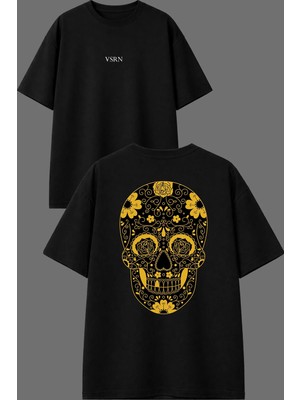 Vsrn Çiçekli Iskelet Tasarım Ön Arka Baskılı Siyah Oversize T Shirt