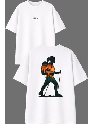 Vsrn Doğa Yürüyüşü Tasarım Ön Arka Baskılı Beyaz Oversize T Shirt