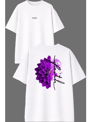 Vsrn Mor Zambak Tasarım Ön Arka Baskılı Beyaz Oversize T Shirt