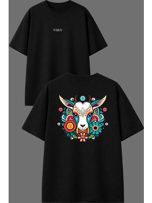 Vsrn Renkli Keçi Tasarım Ön Arka Baskılı Siyah Oversize T Shirt