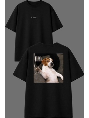 Vsrn Şarap Seven Köpek Tasarım Ön Arka Baskılı Siyah Oversize T Shirt