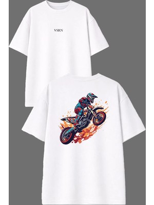Vsrn Havalı Crosscu Tasarım Ön Arka Baskılı Beyaz Oversize T Shirt