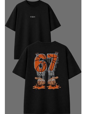 Vsrn 67 Basket Tasarım Ön Arka Baskılı Siyah Oversize T Shirt