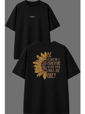 Vsrn Ay Çiçeği Tasarım Ön Arka Baskılı Siyah Oversize T Shirt