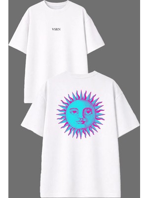 Vsrn Güneş Renkli Tasarım Ön Arka Baskılı Beyaz Oversize T Shirt