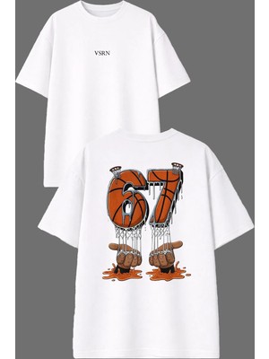 Vsrn 67 Basket Tasarım Ön Arka Baskılı Beyaz Oversize T Shirt