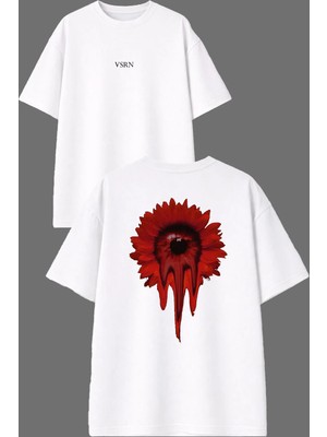 Vsrn Kırmızı Ayçiçeği Tasarım Ön Arka Baskılı Beyaz Oversize T Shirt