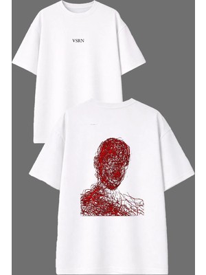 Vsrn Kırmızı Çizgili Adam Tasarım Ön Arka Baskılı Beyaz Oversize T Shirt