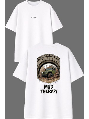 Vsrn Off Road Therapy Tasarım Ön Arka Baskılı Beyaz Oversize T Shirt