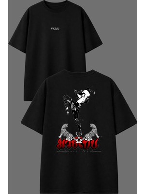 Vsrn Muay Kaplan Tasarım Ön Arka Baskılı Siyah Oversize T Shirt