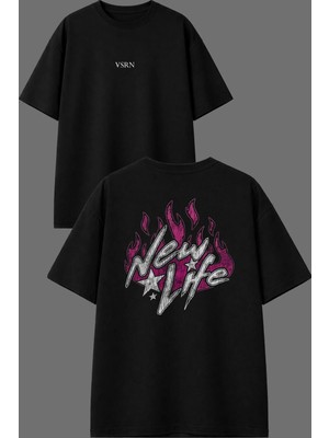 Vsrn New Life Tasarım Ön Arka Baskılı Siyah Oversize T Shirt