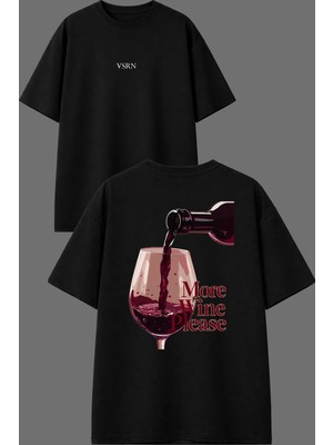 Vsrn More Wine Please Tasarım Ön Arka Baskılı Siyah Oversize T Shirt