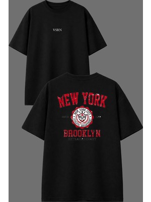 Vsrn New York Tasarım Ön Arka Baskılı Siyah Oversize T Shirt