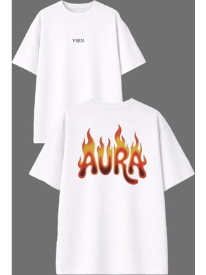 Vsrn Aura Alevli Tasarım Ön Arka Baskılı Beyaz Oversize T Shirt