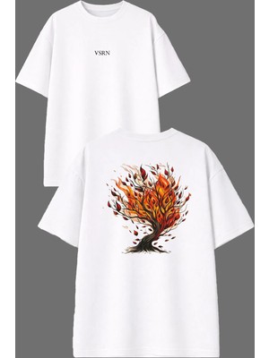 Vsrn Yanan Ağaç Tasarım Ön Arka Baskılı Beyaz Oversize T Shirt