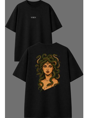 Vsrn Yılan Başlı Kadın Tasarım Ön Arka Baskılı Siyah Oversize T Shirt