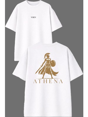 Vsrn Athe Tasarım Ön Arka Baskılı Beyaz Oversize T Shirt