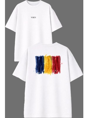 Vsrn Bayrak Romanıa 23 Tasarım Ön Arka Baskılı Beyaz Oversize T Shirt