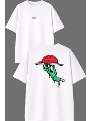 Vsrn Al Beyin Tasarım Ön Arka Baskılı Beyaz Oversize T Shirt
