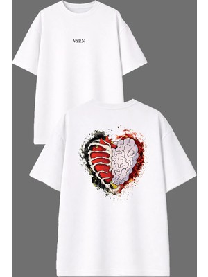 Vsrn Kırık Kalp Tasarım Ön Arka Baskılı Beyaz Oversize T Shirt
