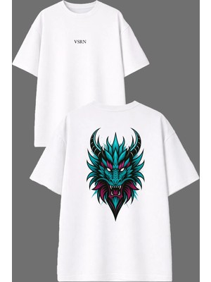 Vsrn Mavi Ejderha Tasarım Ön Arka Baskılı Beyaz Oversize T Shirt
