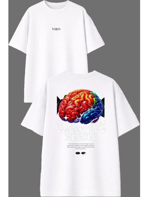 Vsrn Braın Tasarım Ön Arka Baskılı Beyaz Oversize T Shirt