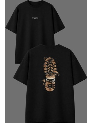 Vsrn Ayak Izi Tasarım Ön Arka Baskılı Siyah Oversize T Shirt