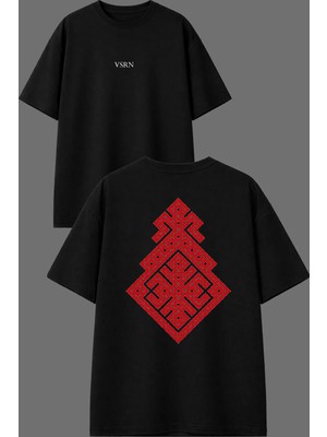 Vsrn Baklava Kırmızı Dilim Tasarım Ön Arka Baskılı Siyah Oversize T Shirt