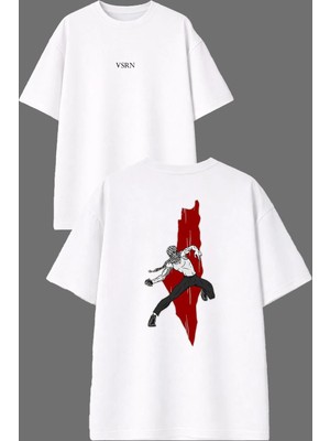 Vsrn Taş Atan Adam Tasarım Ön Arka Baskılı Beyaz Oversize T Shirt