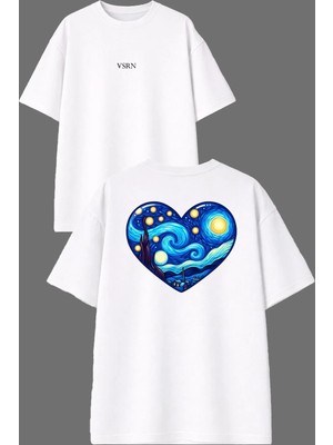 Vsrn Kalp Mavi Tasarım Ön Arka Baskılı Beyaz Oversize T Shirt