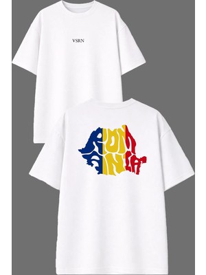 Vsrn Bayrak Romanıa 21 Tasarım Ön Arka Baskılı Beyaz Oversize T Shirt