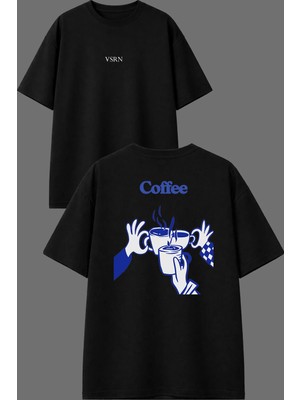 Vsrn Coffee Mavi Tasarım Ön Arka Baskılı Siyah Oversize T Shirt