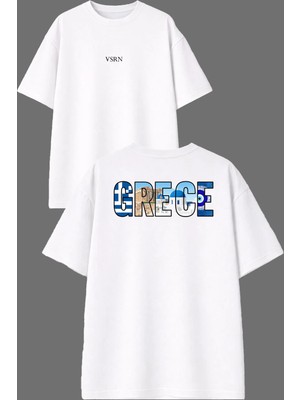 Vsrn Nice Grece Tasarım Ön Arka Baskılı Beyaz Oversize T Shirt