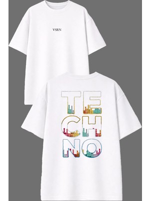 Vsrn Techno Ses Ayarı Tasarım Ön Arka Baskılı Beyaz Oversize T Shirt