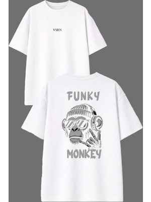 Vsrn Fnky Monkey Tasarım Ön Arka Baskılı Beyaz Oversize T Shirt