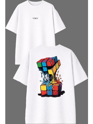 Vsrn Eriyen Rubik Küp Tasarım Ön Arka Baskılı Beyaz Oversize T Shirt