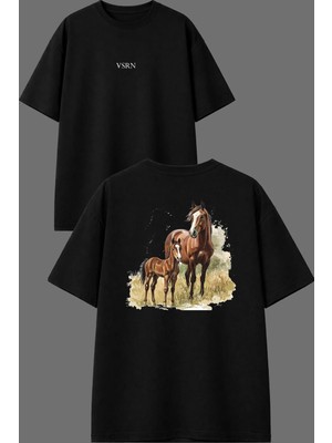 Vsrn At Ailesi Tasarım Ön Arka Baskılı Siyah Oversize T Shirt