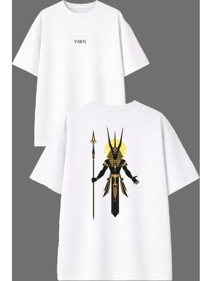 Vsrn Firavun Tasarım Ön Arka Baskılı Beyaz Oversize T Shirt