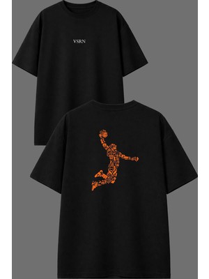 Vsrn Basketbol Figürleri Tasarım Ön Arka Baskılı Siyah Oversize T Shirt