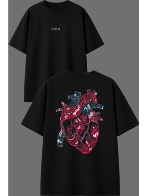 Vsrn Arapça Kalp Tasarım Ön Arka Baskılı Siyah Oversize T Shirt