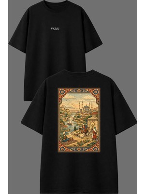 Vsrn Eski Çağ Işleme Halı Tasarım Ön Arka Baskılı Siyah Oversize T Shirt