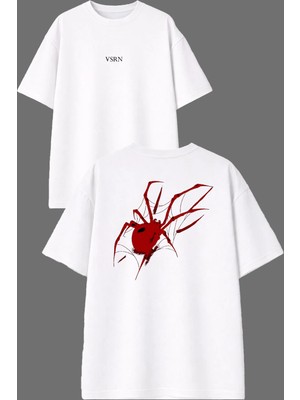 Vsrn Kırmızı Örümcek Tasarım Ön Arka Baskılı Beyaz Oversize T Shirt