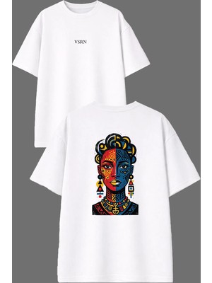 Vsrn Küpeli Kadın Renkli Tasarım Ön Arka Baskılı Beyaz Oversize T Shirt