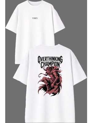 Vsrn Overthınk Tasarım Ön Arka Baskılı Beyaz Oversize T Shirt