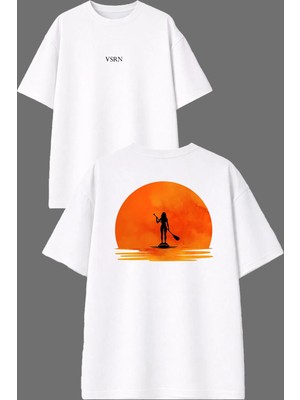 Vsrn Paddle Board Tasarım Ön Arka Baskılı Beyaz Oversize T Shirt