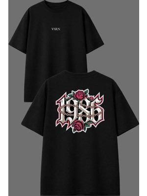 Vsrn 1986 Tasarım Ön Arka Baskılı Siyah Oversize T Shirt