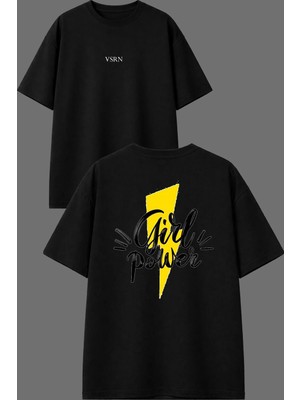 Vsrn Girl Power Tasarım Ön Arka Baskılı Siyah Oversize T Shirt