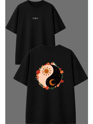 Vsrn Yuvarlak Siyah Beyaz Tasarım Ön Arka Baskılı Siyah Oversize T Shirt