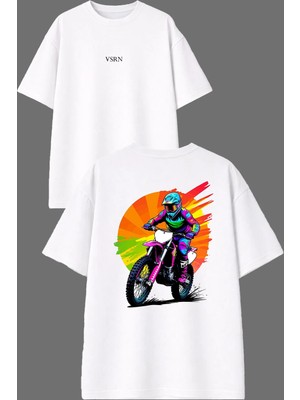 Vsrn Renkli Cross Motor Tasarım Ön Arka Baskılı Beyaz Oversize T Shirt
